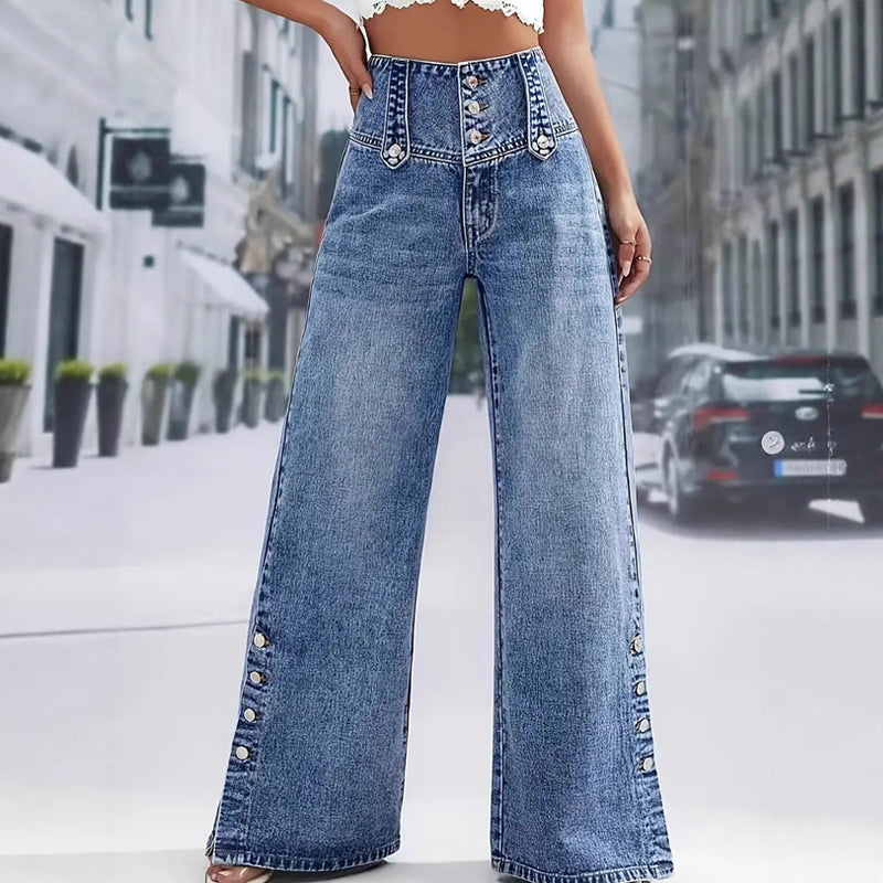 👖 Vaqueros de Cintura Alta y Pierna Ancha para Mujer – Aberturas Laterales, Estilo Moderno y Cómodo ✨🌸