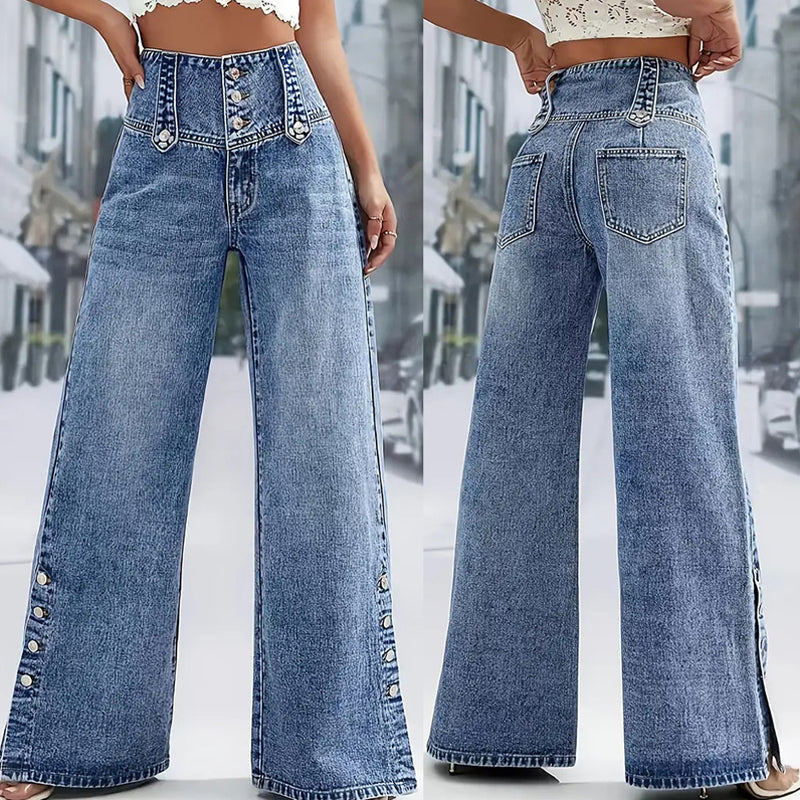👖 Vaqueros de Cintura Alta y Pierna Ancha para Mujer – Aberturas Laterales, Estilo Moderno y Cómodo ✨🌸