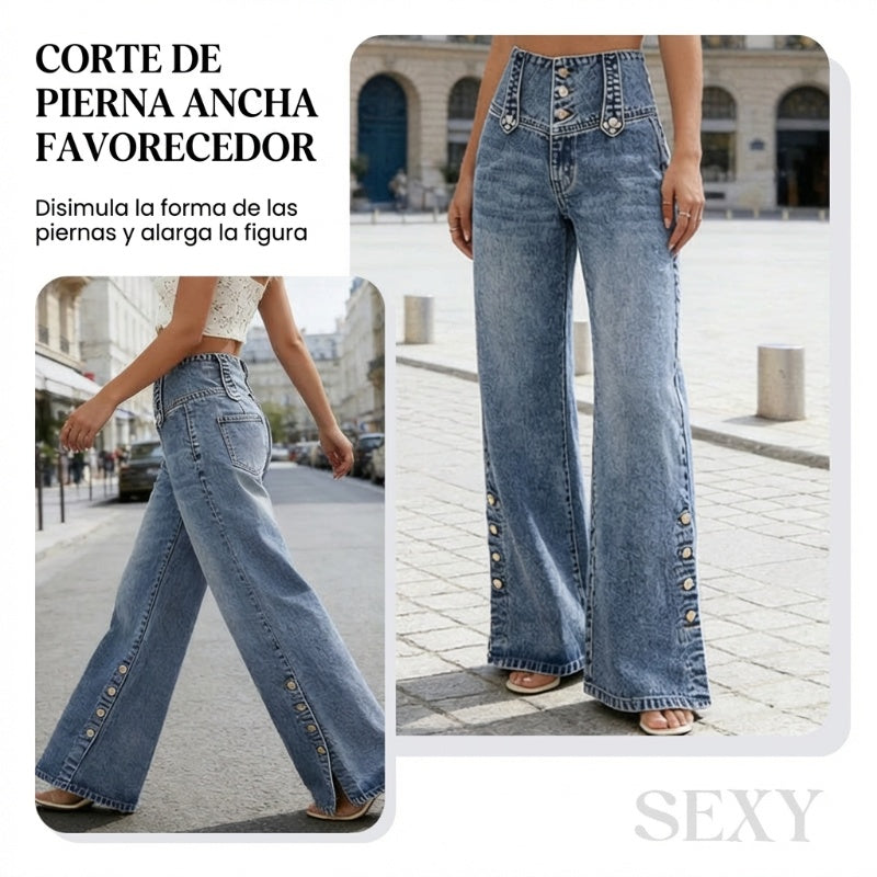👖 Vaqueros de Cintura Alta y Pierna Ancha para Mujer – Aberturas Laterales, Estilo Moderno y Cómodo ✨🌸