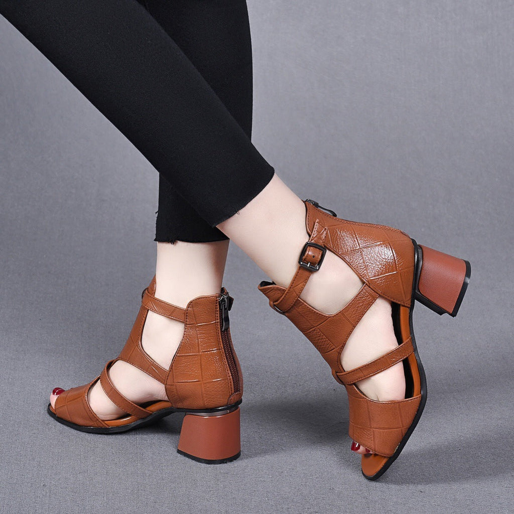 Sandalias de Tacón Cuero Premium Serenidad Romana Ímpetu, Comodidad Elegante Todo el Día
