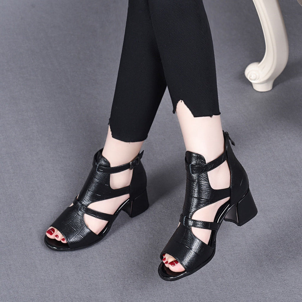 Sandalias de Tacón Cuero Premium Serenidad Romana Ímpetu, Comodidad Elegante Todo el Día