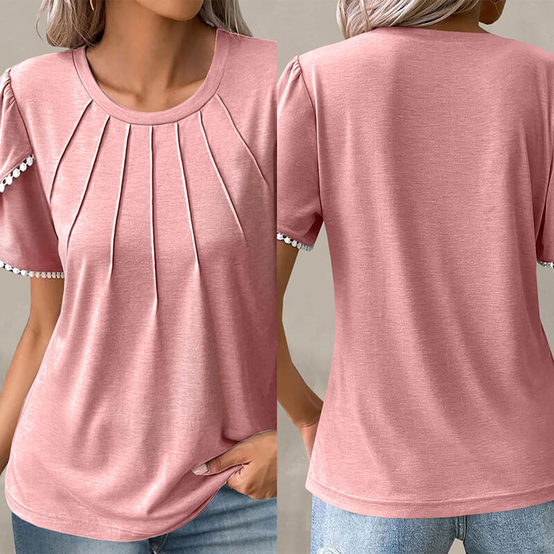 🔥49% de descuento🔥Nueva camiseta casual de encaje de color liso con cuello redondo para mujer