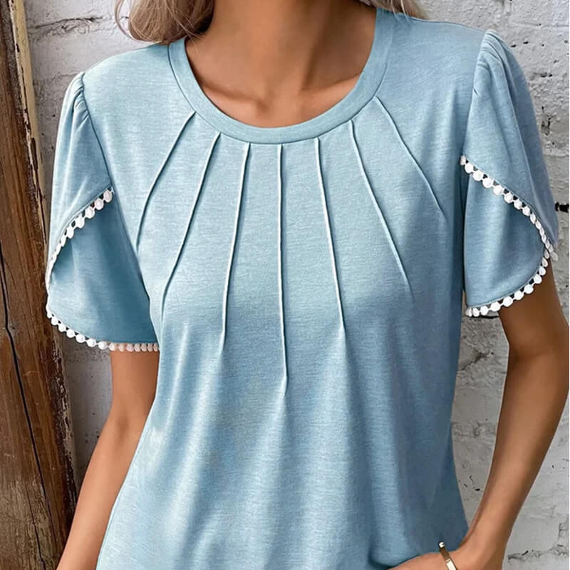 🔥49% de descuento🔥Nueva camiseta casual de encaje de color liso con cuello redondo para mujer