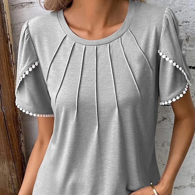 🔥49% de descuento🔥Nueva camiseta casual de encaje de color liso con cuello redondo para mujer