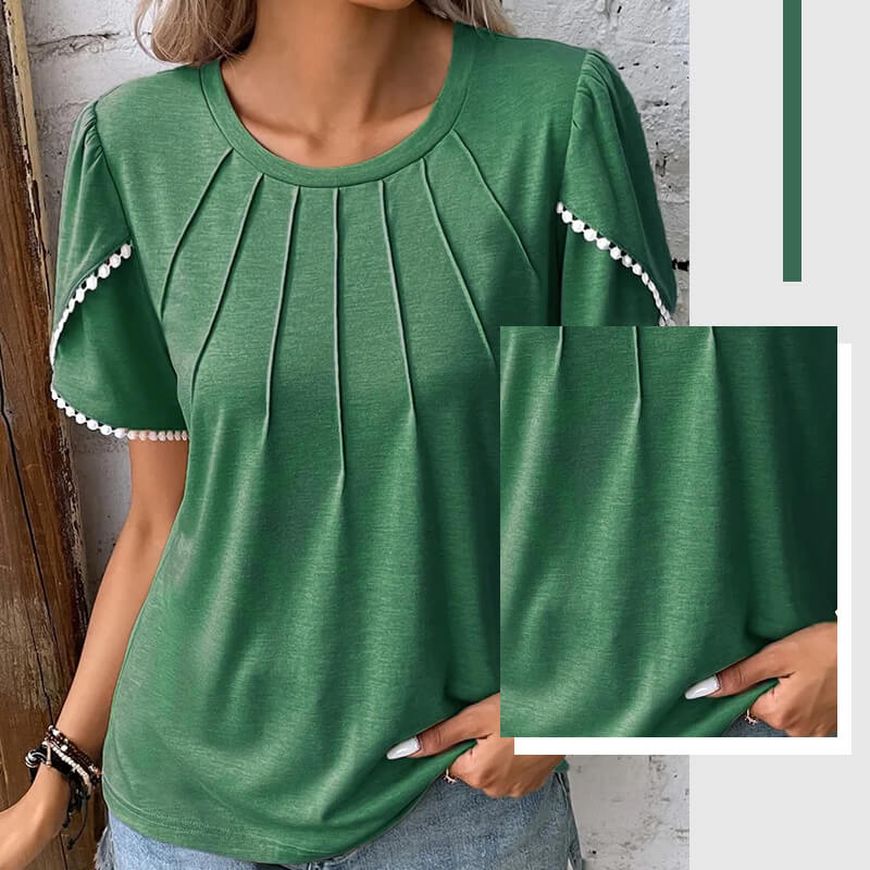 🔥49% de descuento🔥Nueva camiseta casual de encaje de color liso con cuello redondo para mujer