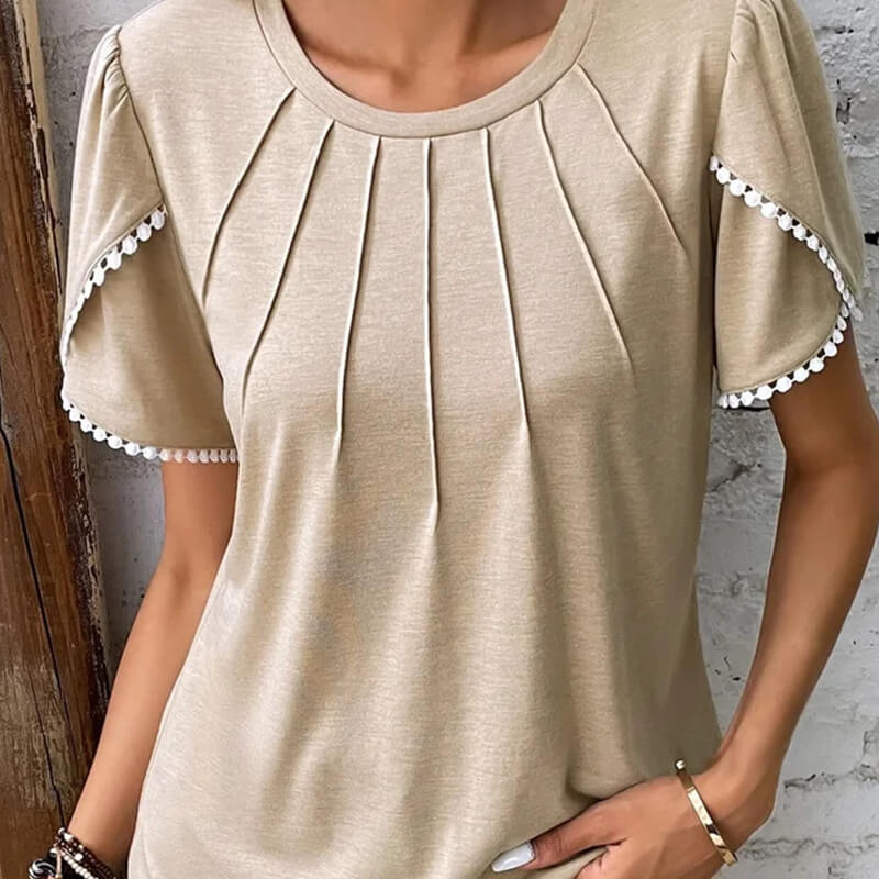 🔥49% de descuento🔥Nueva camiseta casual de encaje de color liso con cuello redondo para mujer