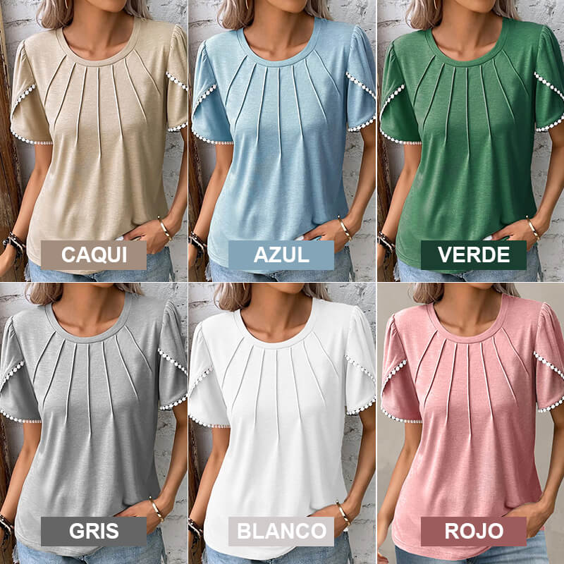 🔥49% de descuento🔥Nueva camiseta casual de encaje de color liso con cuello redondo para mujer