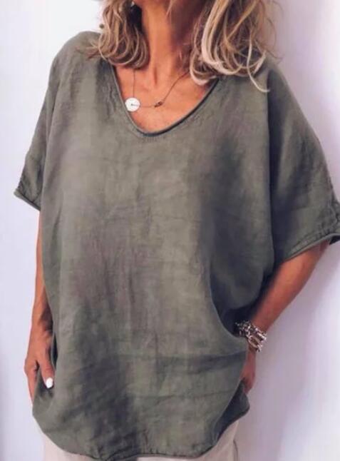 Camiseta de verano para mujer de talla grande con cuello en V de color liso