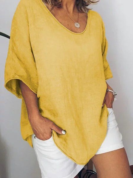Camiseta de verano para mujer de talla grande con cuello en V de color liso