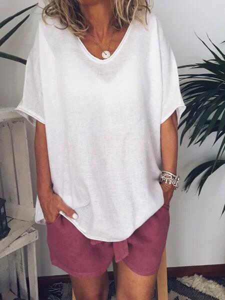 Camiseta de verano para mujer de talla grande con cuello en V de color liso