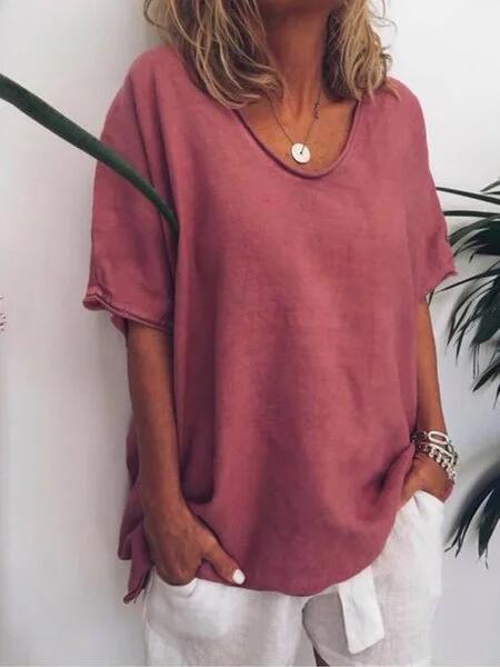 Camiseta de verano para mujer de talla grande con cuello en V de color liso