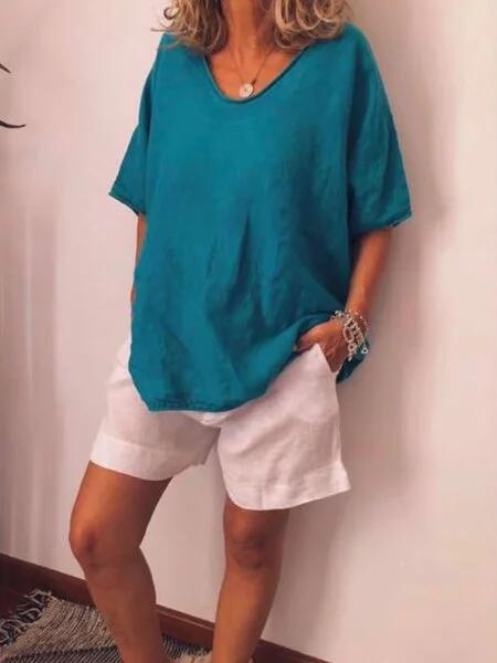 Camiseta de verano para mujer de talla grande con cuello en V de color liso