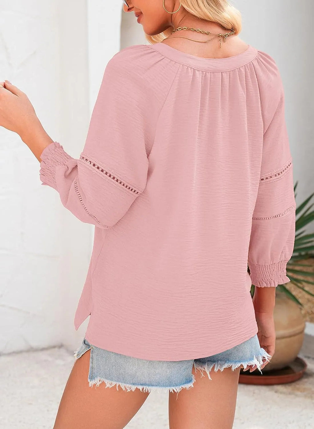 👚 Blusa Casual de Mujer – Escote en V, Manga Linterna 3/4, Plisada, Holgada y Hueca ✨💖