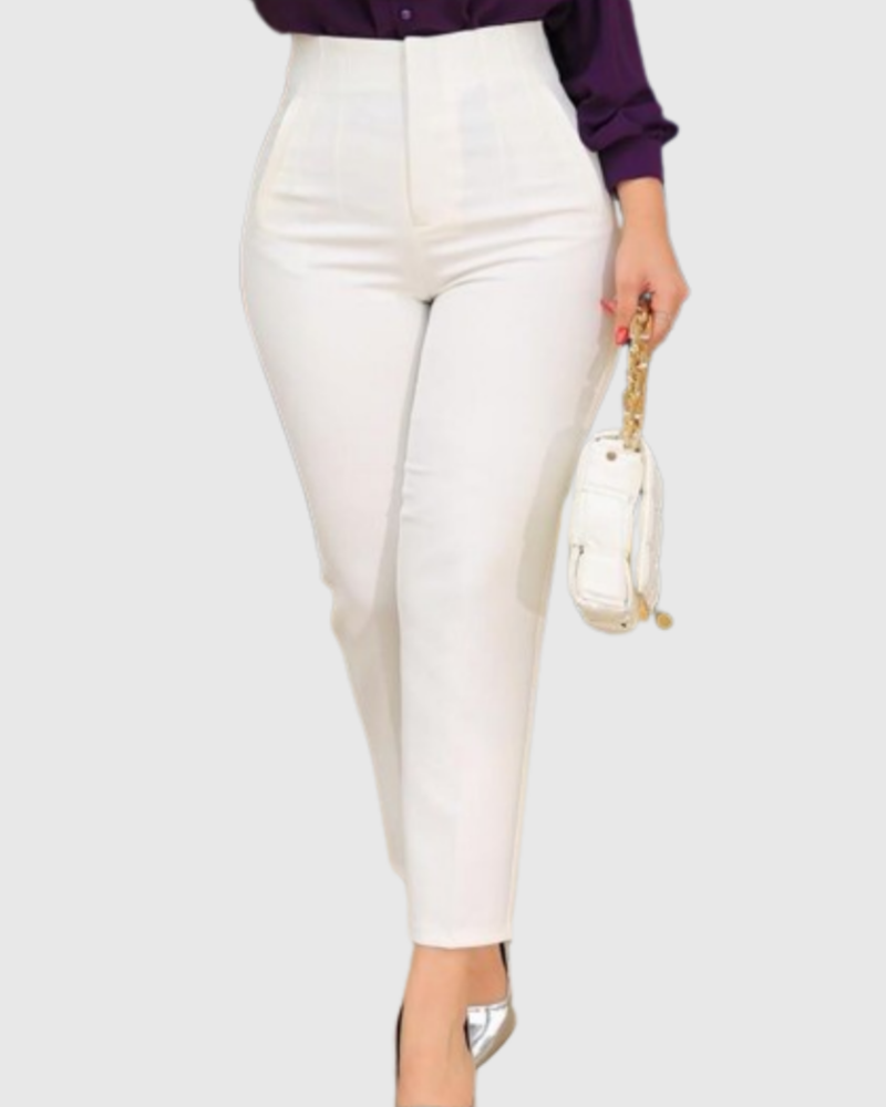 Pantalones de Mujer a Medida con Pliegues, Cintura Alta y Bolsillos Laterales, de 9 Puntos
