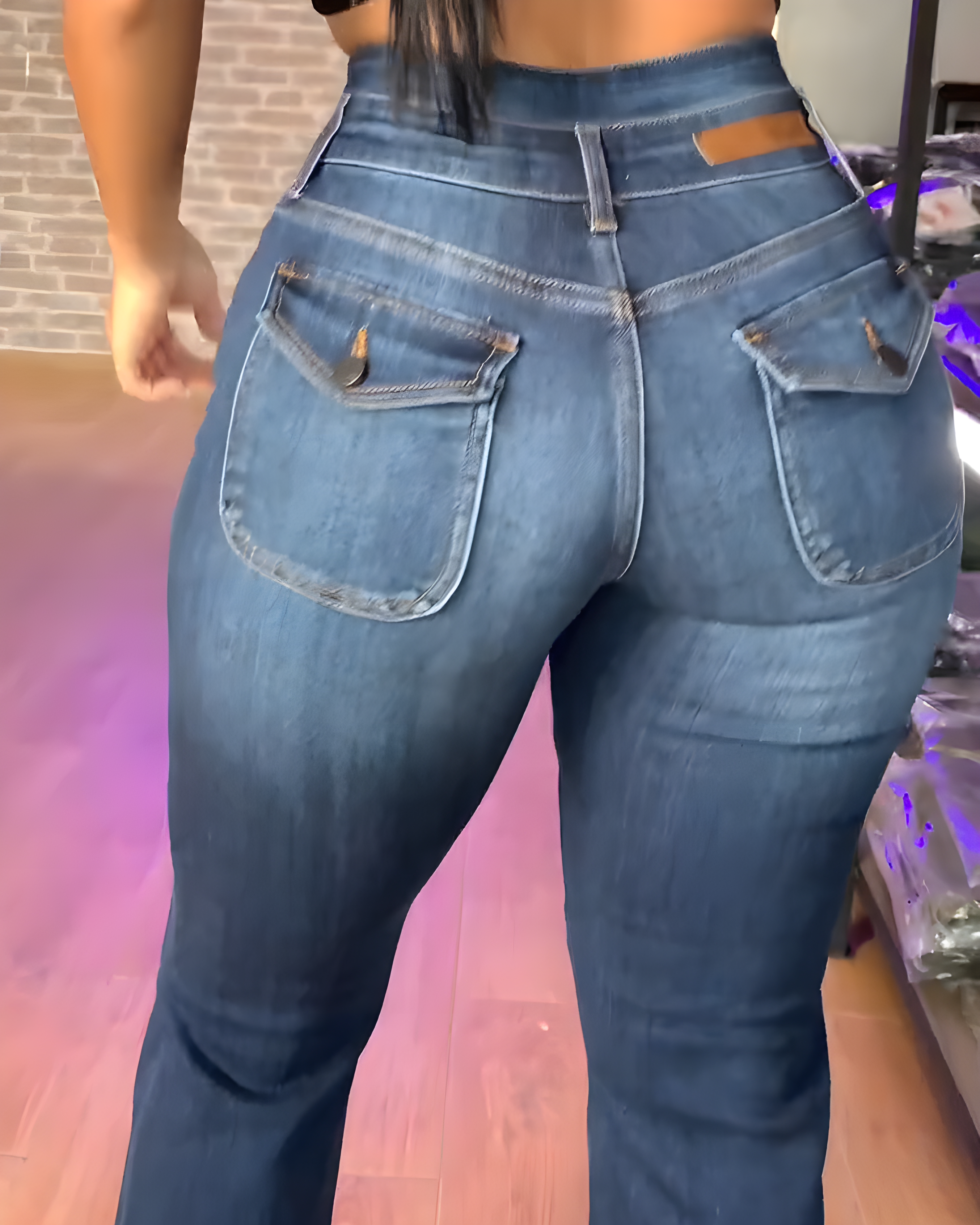 Shapshe® Denim Acampanado Lavado de Cintura Alta Trendy con Costuras Tonales