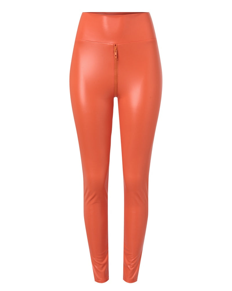 Pantalones de cuero PU con cremallera en la entrepierna para mujeres curvilíneas