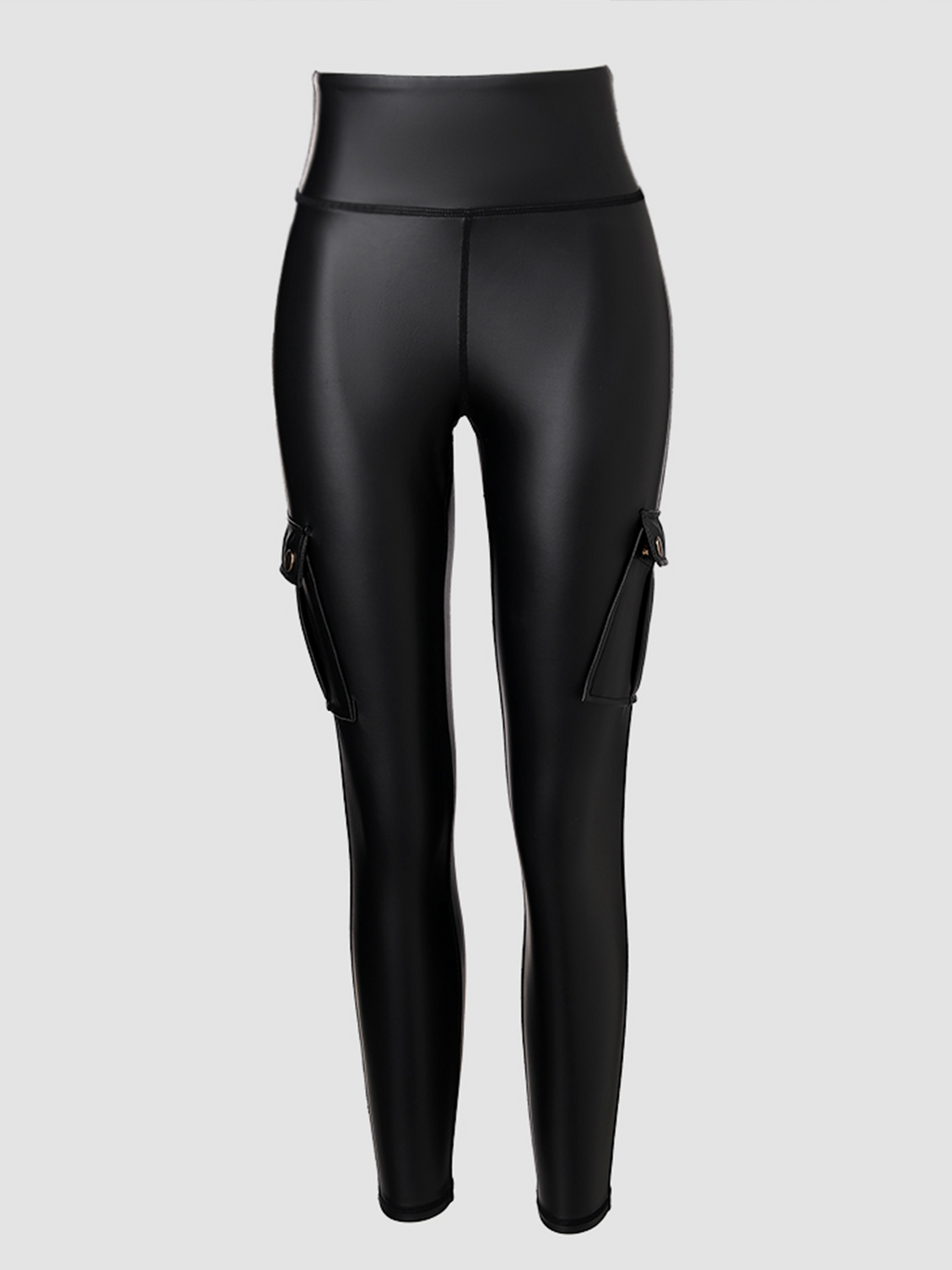 Pantalones de cuero para mujer, tiro alto, con bolsillos tipo cargo, leggings de cuero elástico