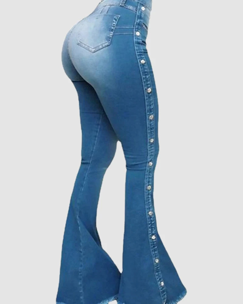 Jeans acampanados vintage para mujer con cierre de cremallera y botones laterales