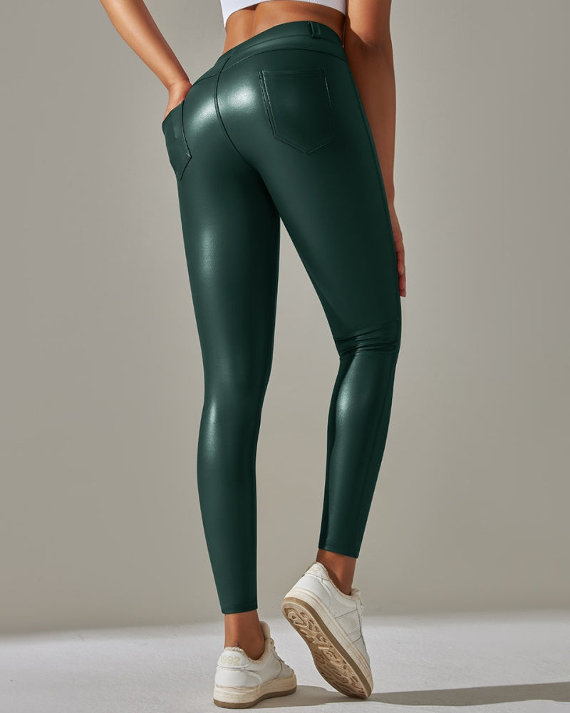 Pantalones de cuero PU de cintura alta ajustados para deportes y yoga slim