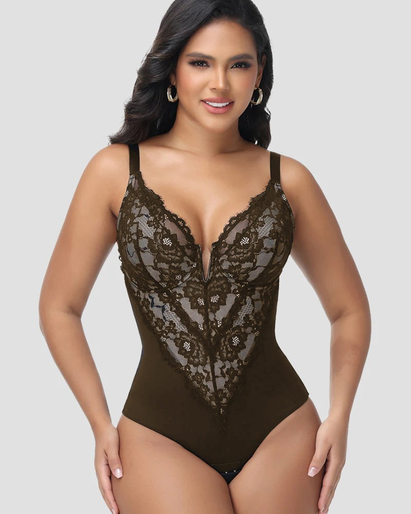 Shapshe® Body moldeador sexy con escote profundo y encaje, con cierre de gancho en la entrepierna