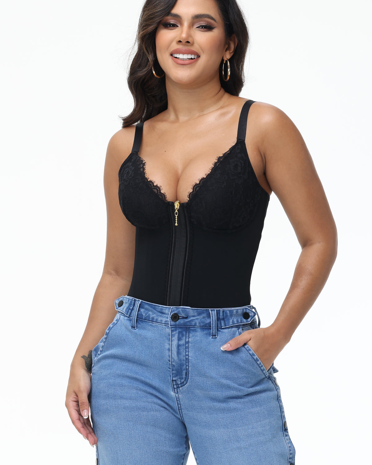 Shapshe® Top Corset de Encaje con Escote en V Profundo, Cinturilla Entrenadora con Cierre Frontal