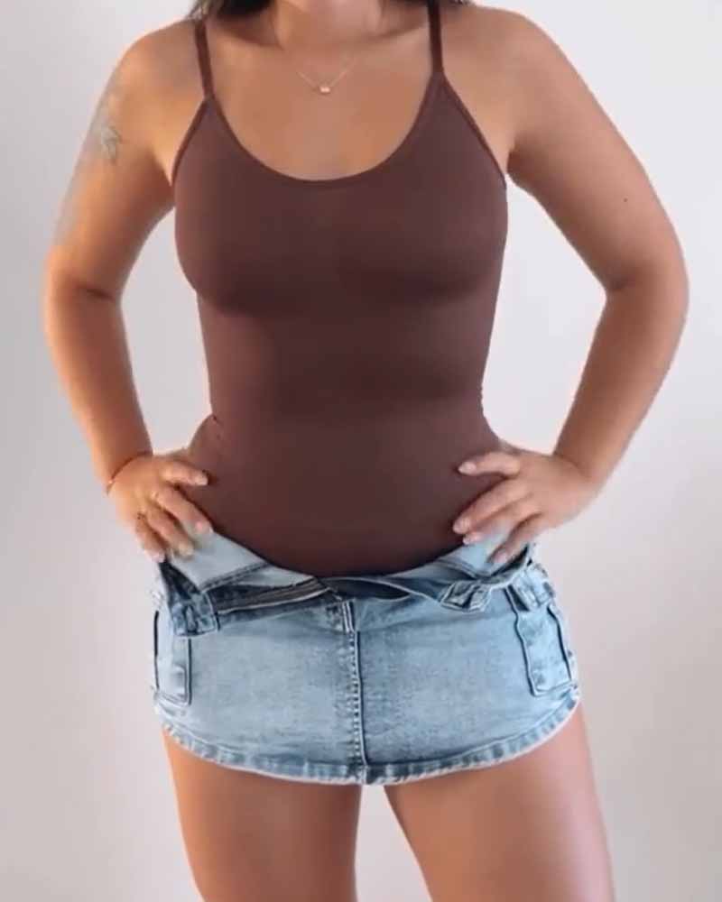 Top Body Shaper tipo Tank con Control de Abdomen, Sin Costuras, Cuello Redondo y Tanga