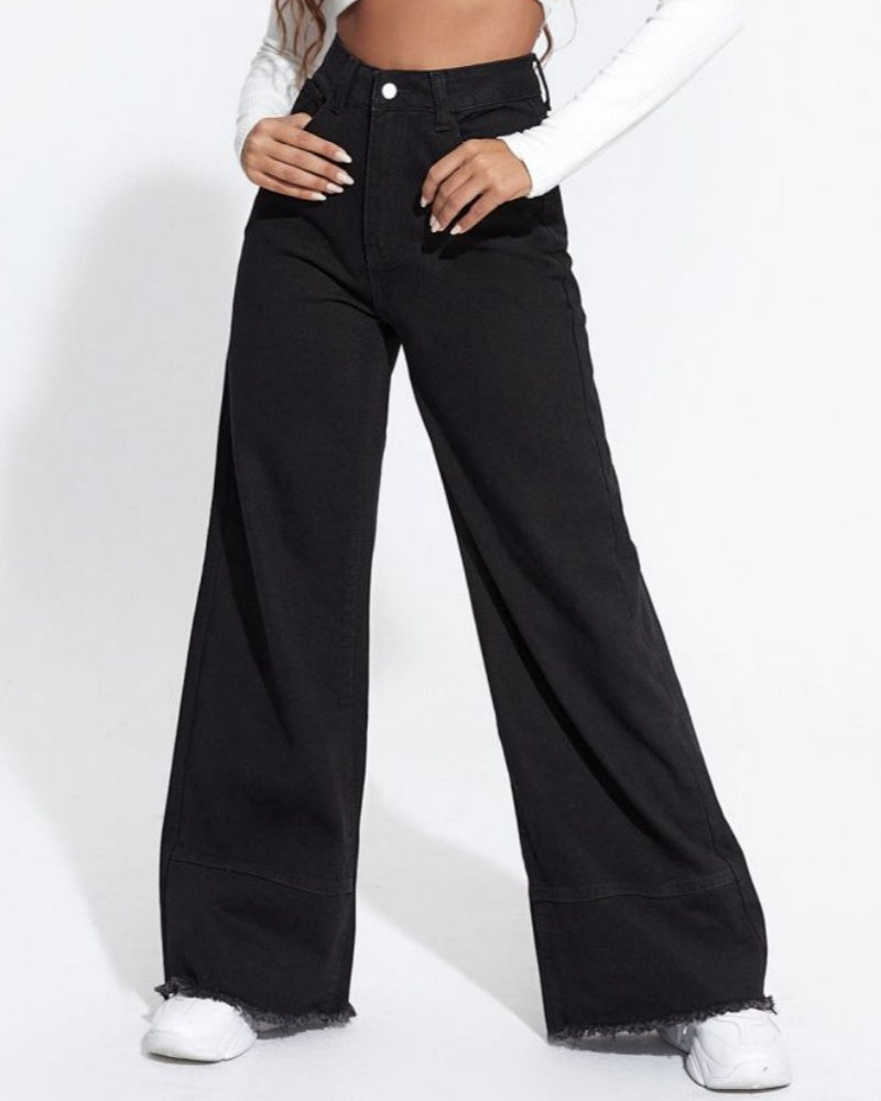 Jeans de pierna ancha, cintura alta, parche, borde sin terminar, pantalones sueltos