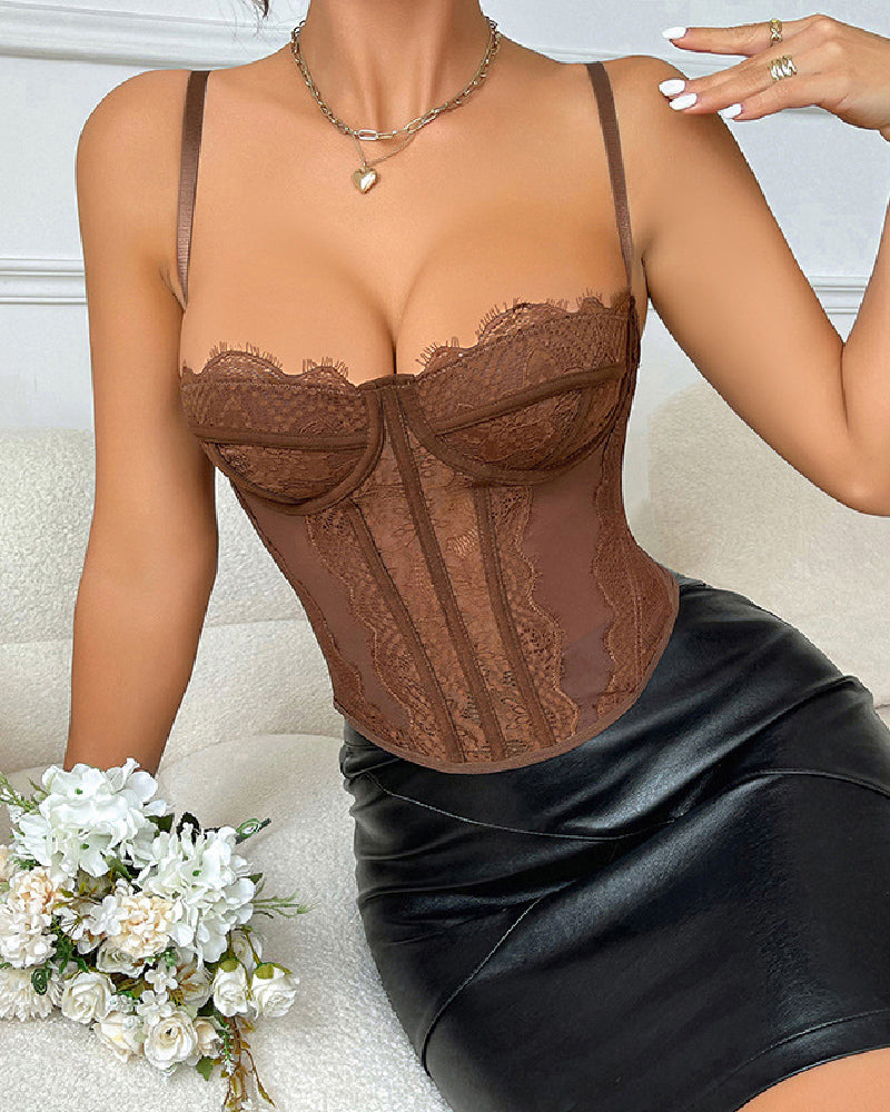 Corset de Encaje Transparente con Push Up para Mujer, Top Bustier con Ballenas y Tirantes, Top Corto Sexy