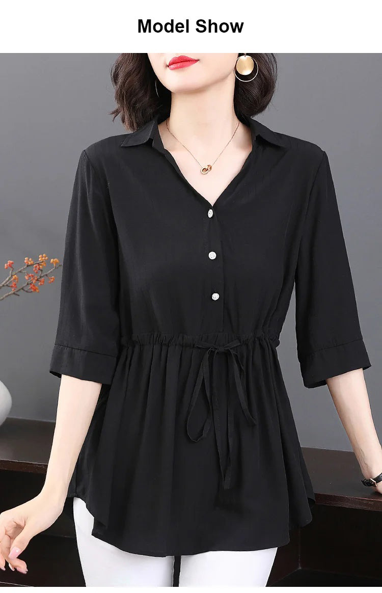 Camisa holgada con cuello en V de longitud media para mujer