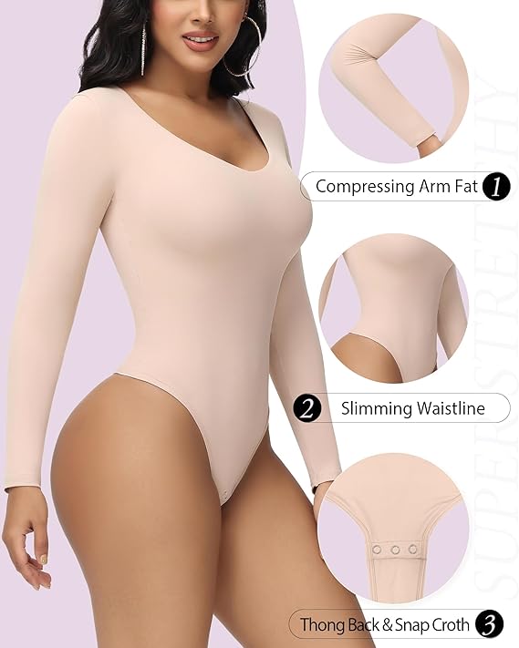 Shapshe® Bodysuits Femeninos Sin Costuras de Manga Larga con Escote en V, Control de Abdomen, Tanga, Moldeadores