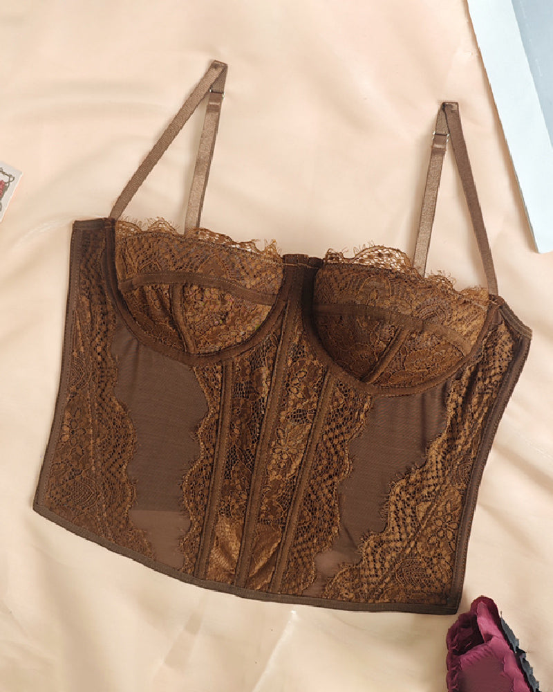 Corset de Encaje Transparente con Push Up para Mujer, Top Bustier con Ballenas y Tirantes, Top Corto Sexy