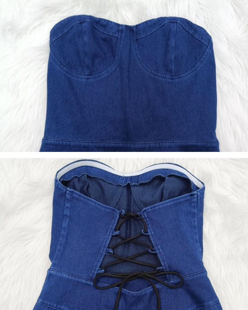 Shapshe® Enterizo de Mezclilla Ajustado para Mujer con Lazo en la Espalda tipo Bandeau