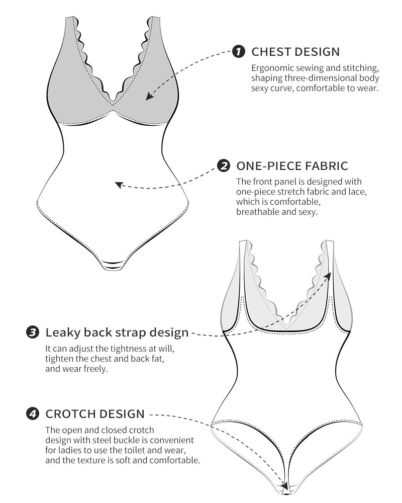 Body de Encaje Sexy para Mujer con Escote en V Profundo, Control de Abdomen y Tanga Modelador