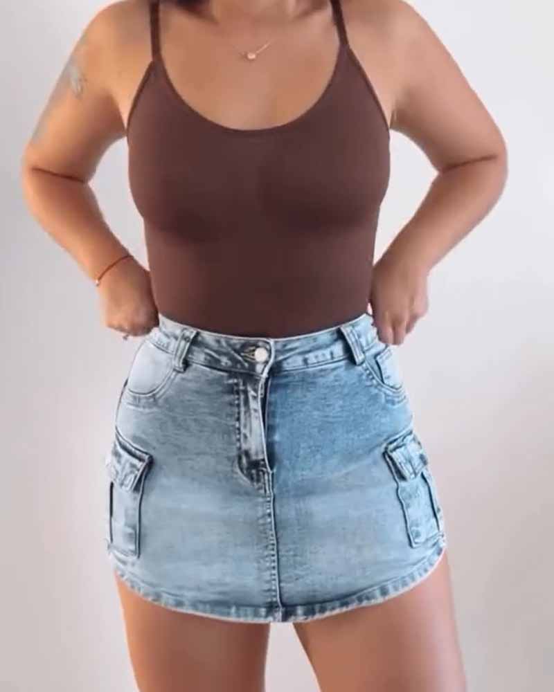 Top Body Shaper tipo Tank con Control de Abdomen, Sin Costuras, Cuello Redondo y Tanga
