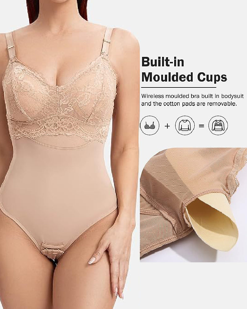 Body moldeador sin costuras con encaje, control de abdomen, cintura slim y tanga, con sujetador