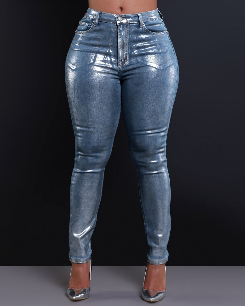 Jeans Ajustados Elásticos en Tono Plata para Mujer