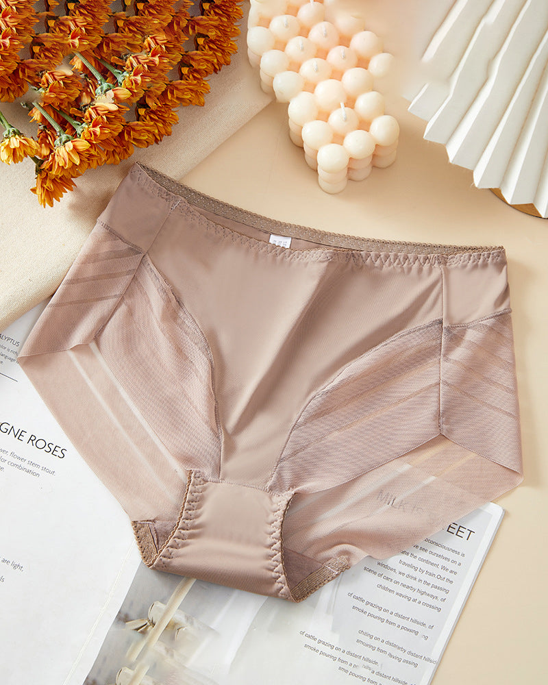 Ropa interior femenina sexy sin costuras con rayas huecas de malla, tanga de cintura media moldeadora