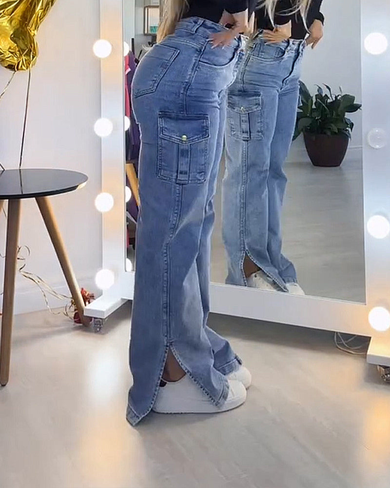 Jeans cargo con cierre y aberturas laterales para mujer Shapshe®