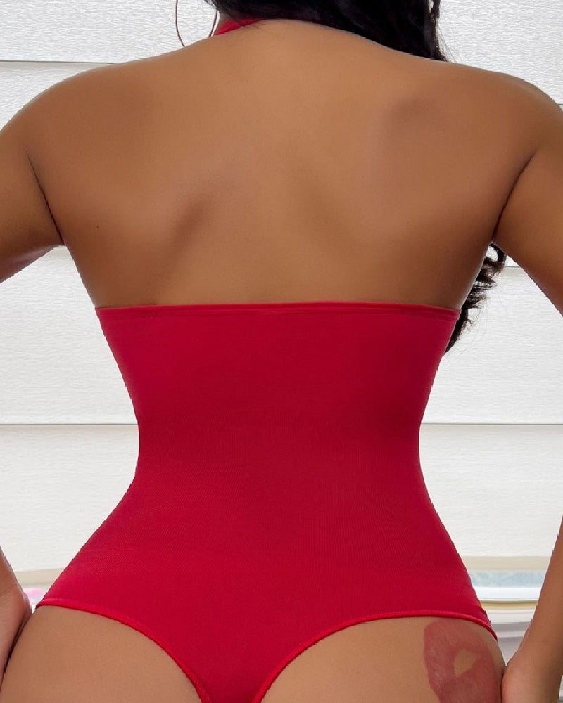 Body de tiro alto tipo tanga 2 en 1 sin costuras con escote profundo en V y control de abdomen moldeador