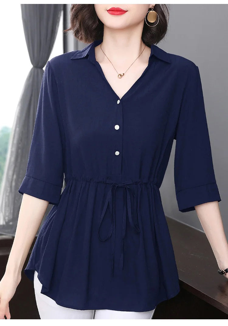 Camisa holgada con cuello en V de longitud media para mujer