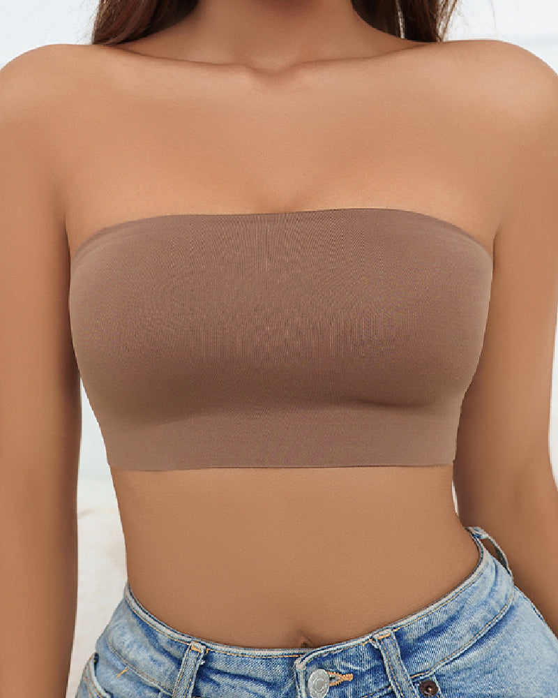 Bralette sin tirantes inalámbrico, tipo bandeau, sin costuras, elástico, sin relleno, push up
