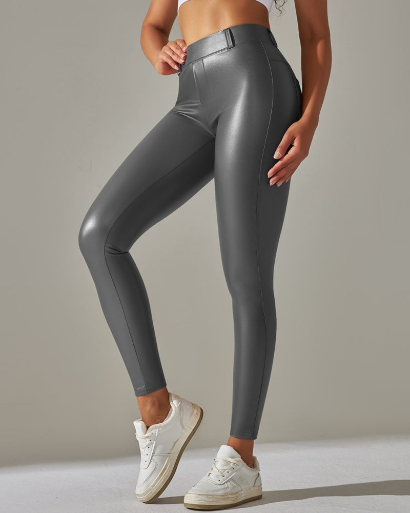 Pantalones de cuero PU de cintura alta ajustados para deportes y yoga slim