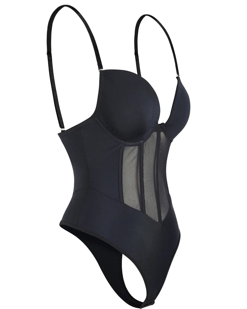 Body de mujer con corset de malla transparente, control de abdomen, tanga y espalda descubierta