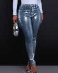 Jeans Ajustados Elásticos en Tono Plata para Mujer