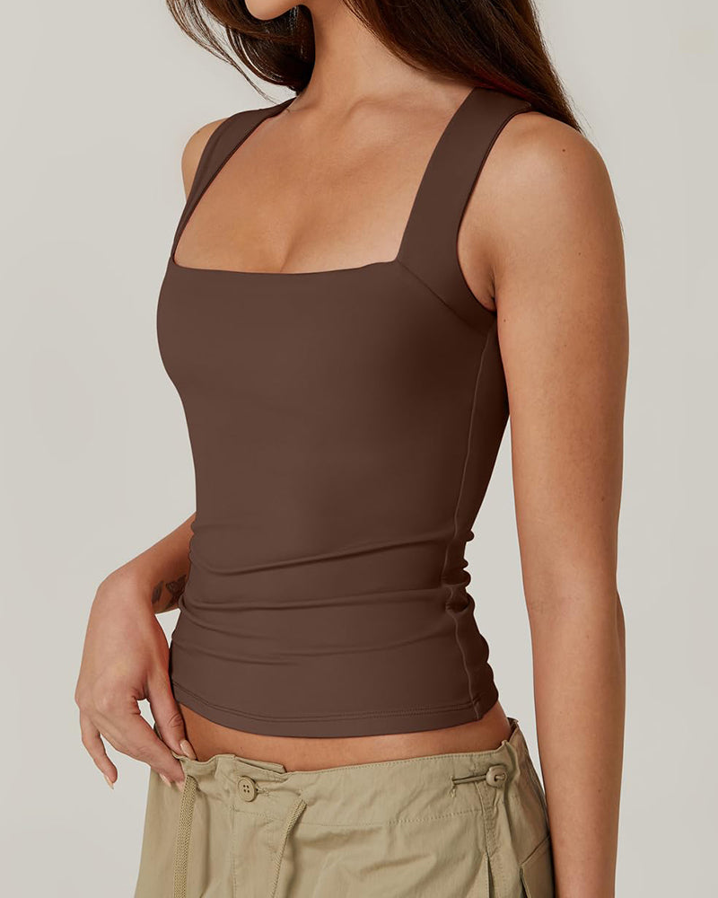 Camisetas sin mangas básicas de doble capa con escote cuadrado para mujer - Chaleco moldeador