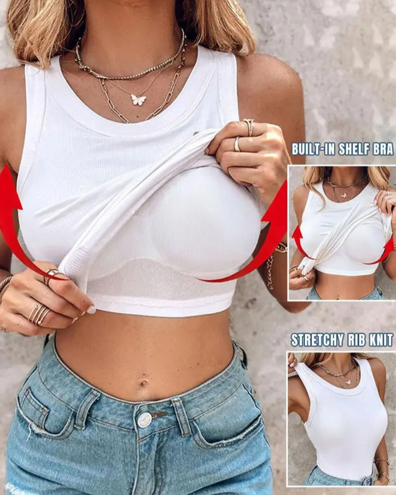 Top sin mangas acanalado con cuello redondo y sostén incorporado con relleno