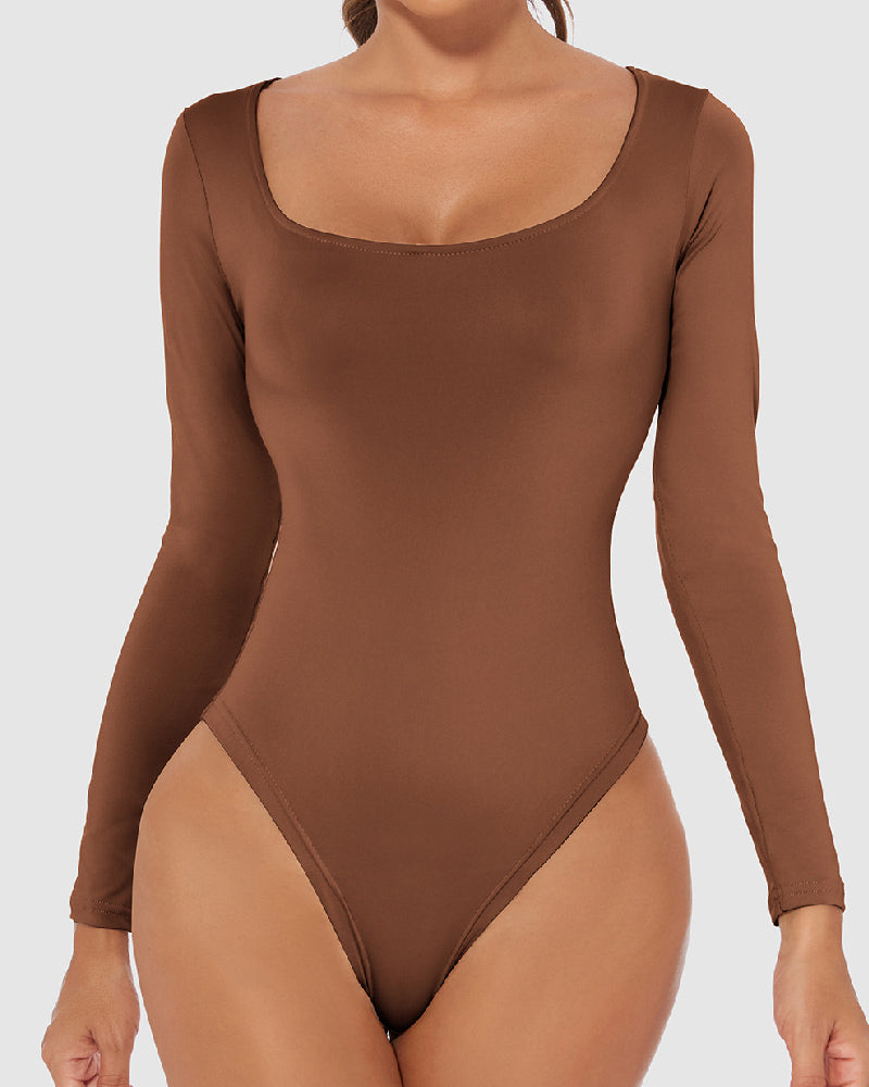 Body de Mujer Sin Costuras con Cuello Cuadrado, Manga Larga, Moldeador con Fondo Tanga para Usar como Camiseta