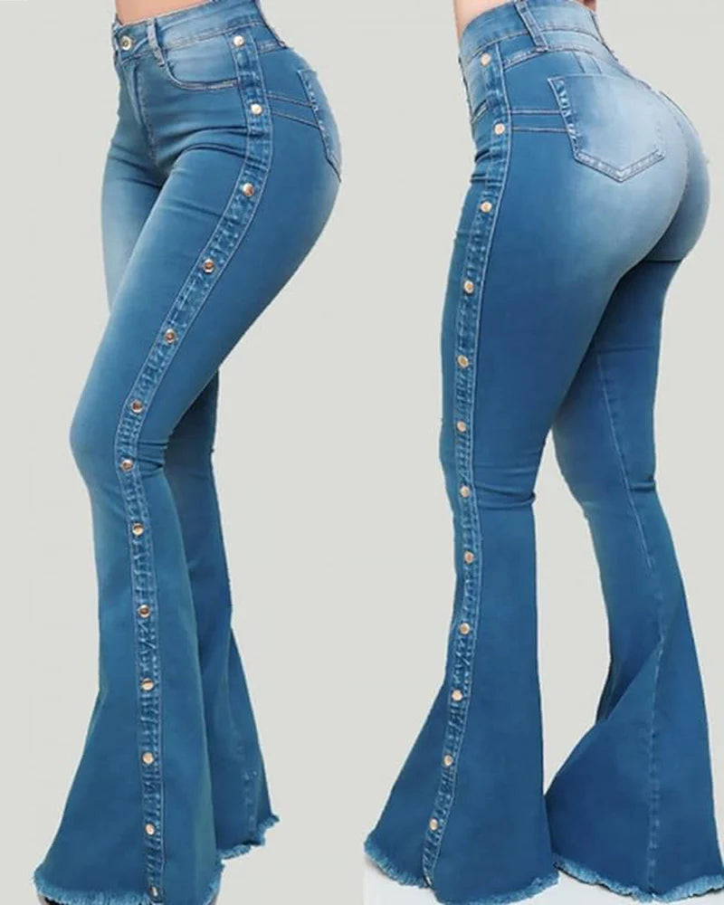 Jeans acampanados vintage para mujer con cierre de cremallera y botones laterales