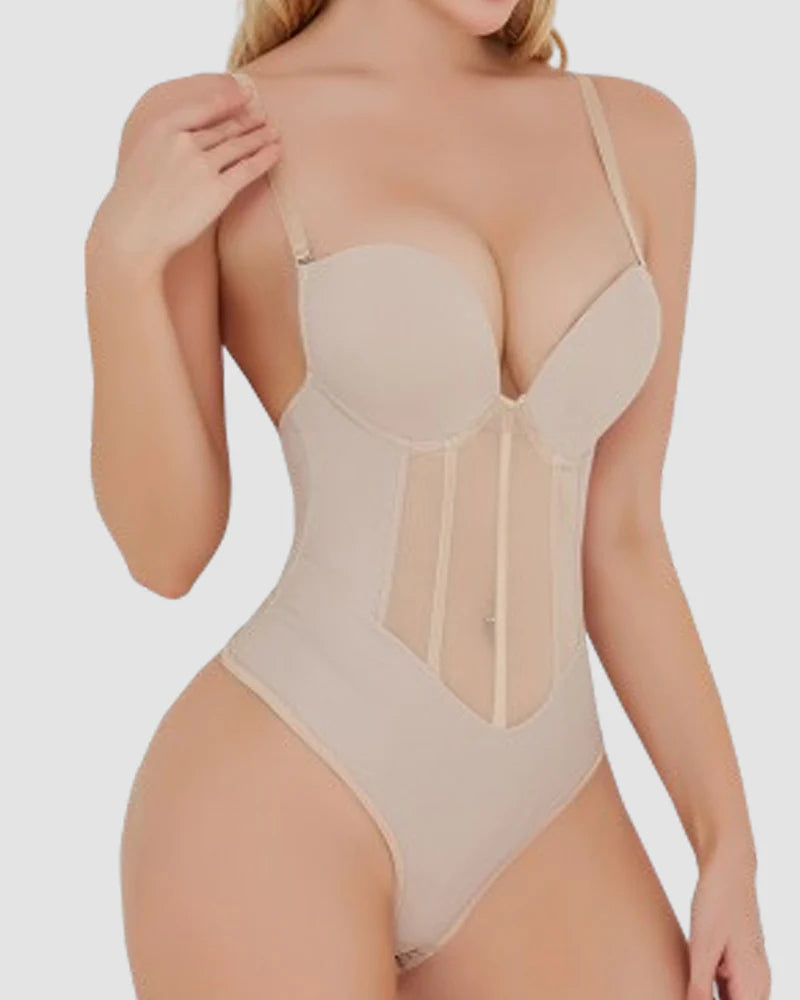 Body de mujer con corset de malla transparente, control de abdomen, tanga y espalda descubierta