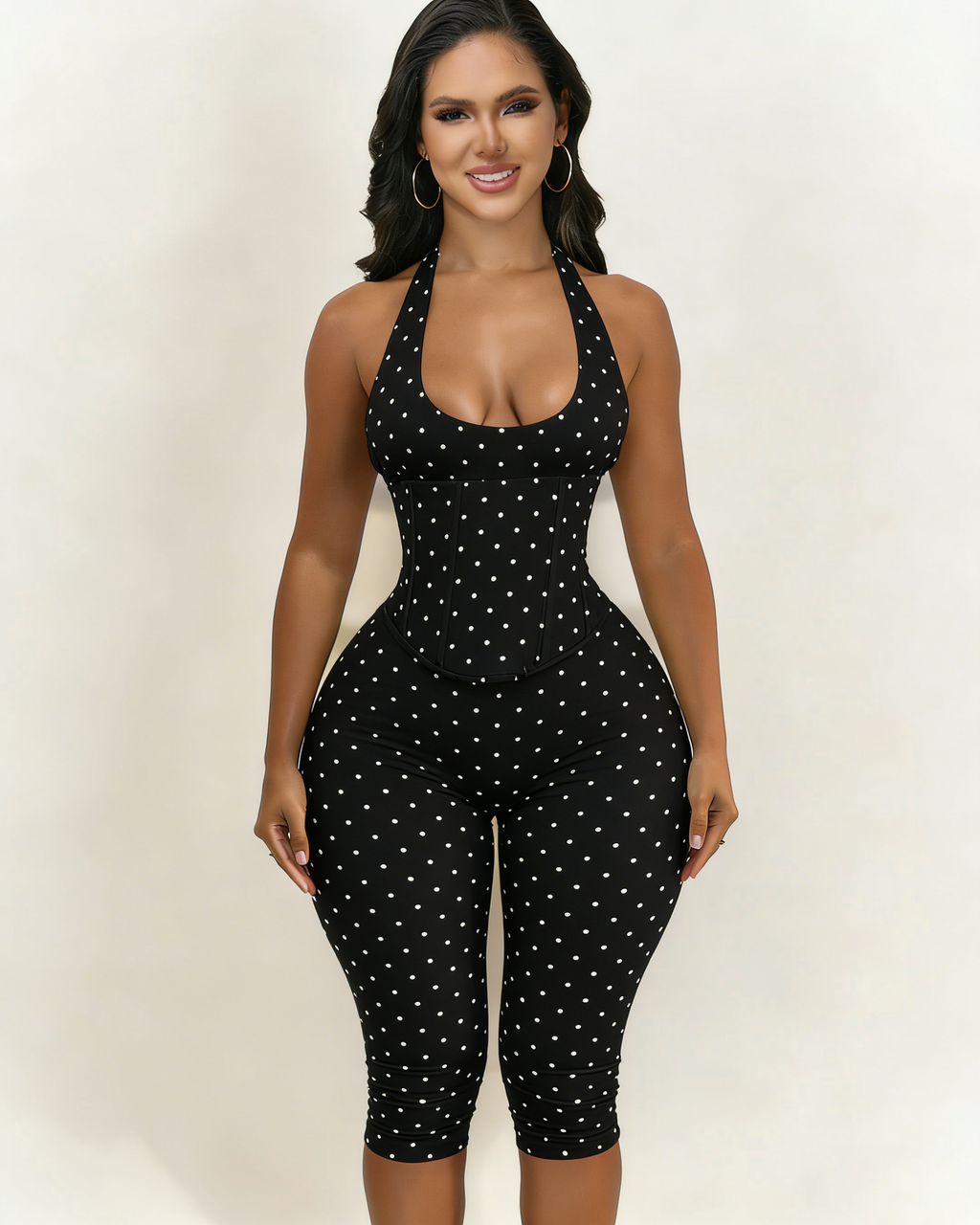 Mono Capri con Cintura de Reloj de Arena y Estampado de Lunares